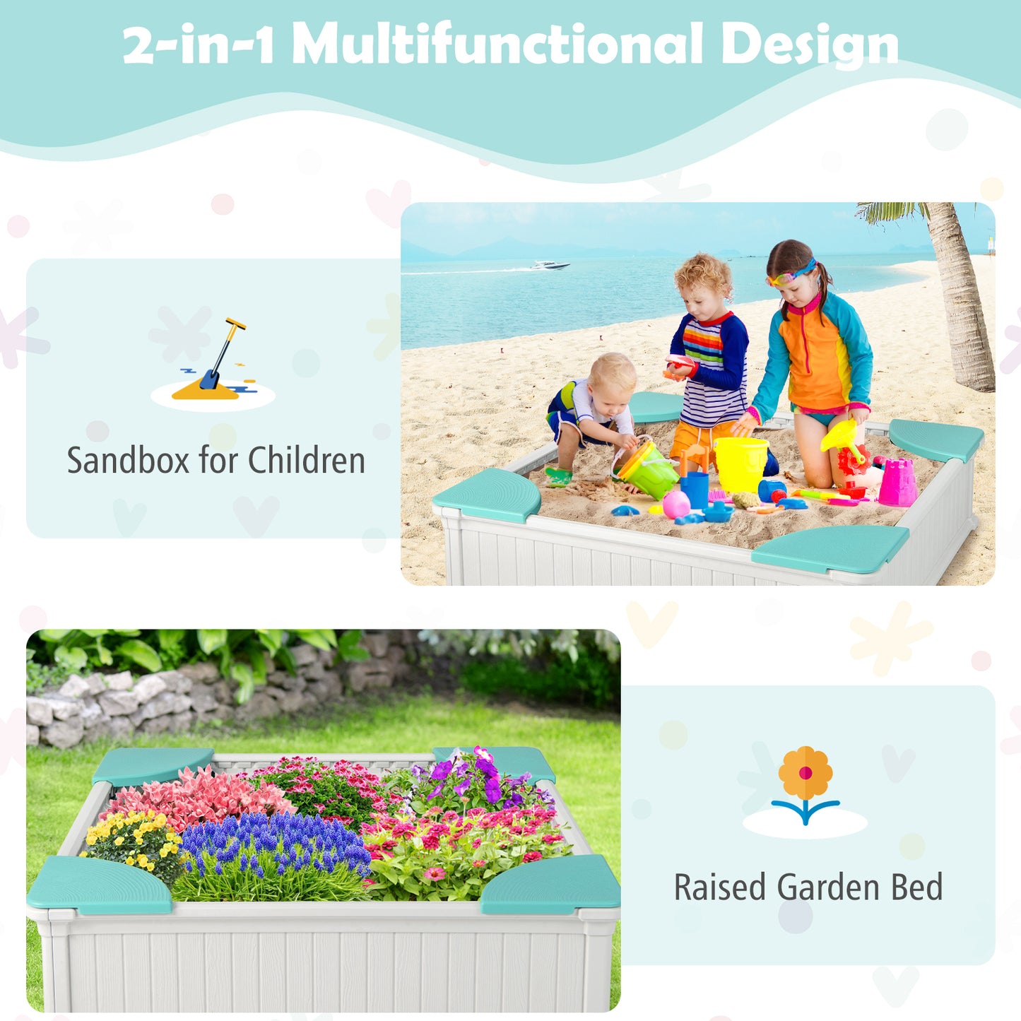 Kids Outdoor Sandbox with Oxford Cover and 4 Corner Seats-White Kids Crystal