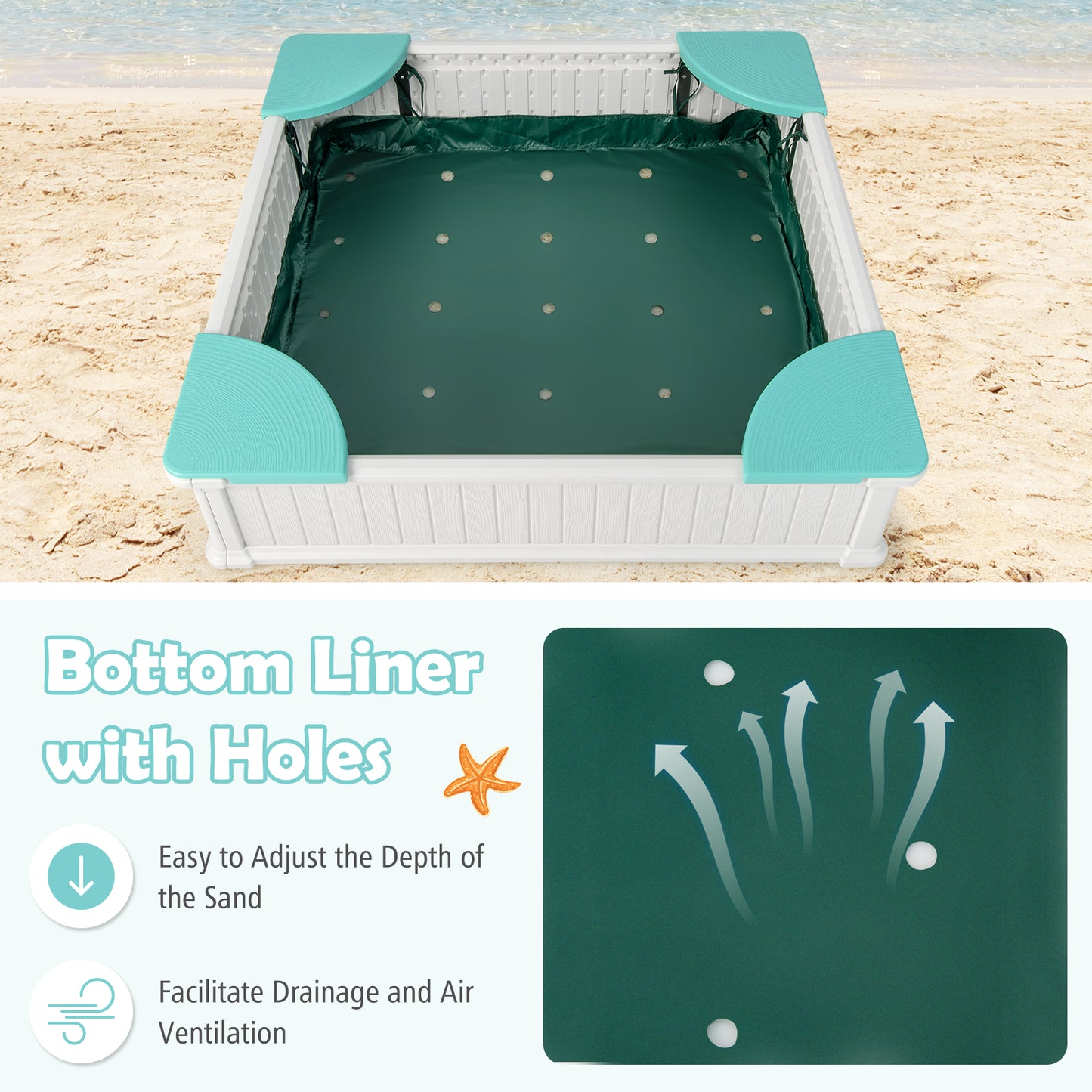 Kids Outdoor Sandbox with Oxford Cover and 4 Corner Seats-White Kids Crystal