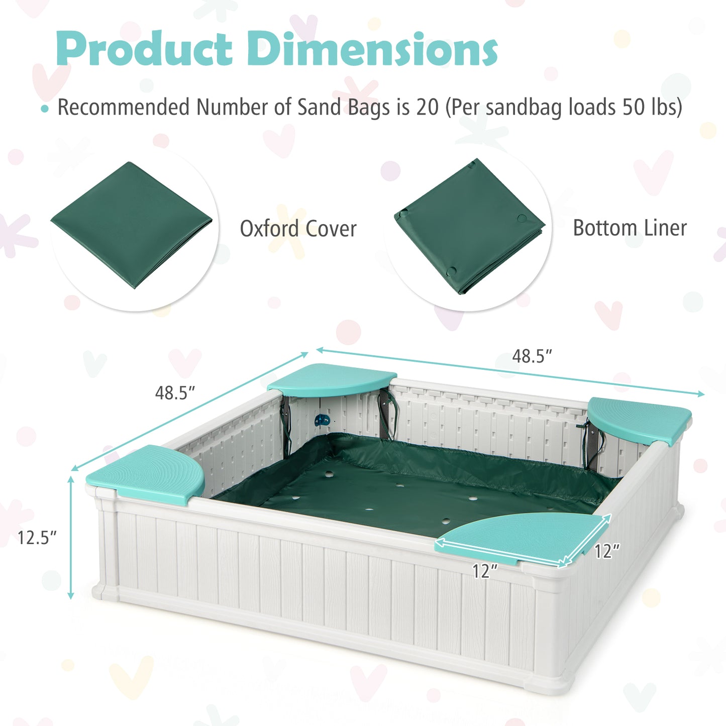 Kids Outdoor Sandbox with Oxford Cover and 4 Corner Seats-White Kids Crystal