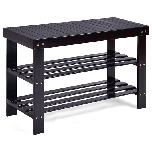 3 Tier Bamboo Bench Storage Shoe Shelf-Black Kids Crystal