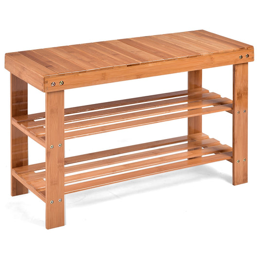 3 Tier Bamboo Bench Storage Shoe Shelf-Natural Kids Crystal