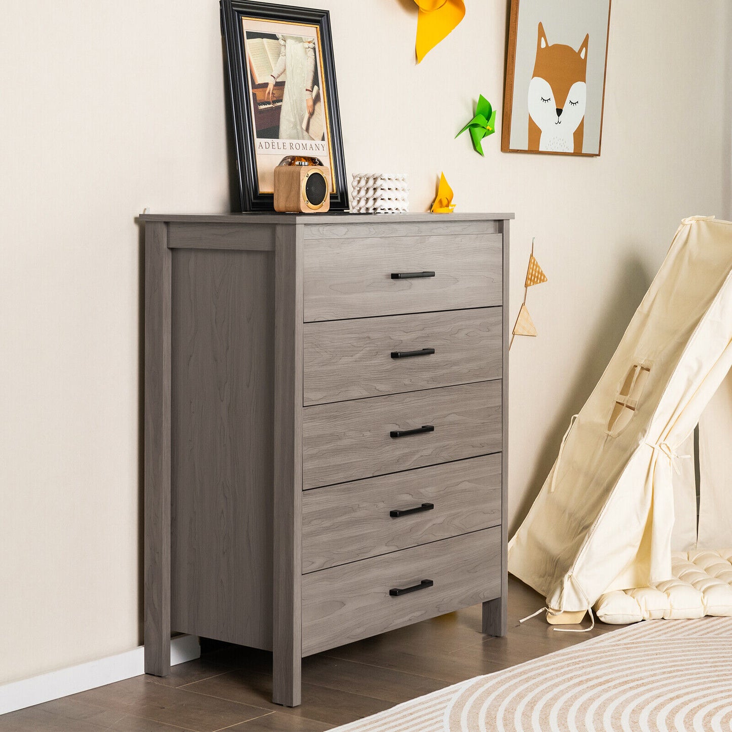 Modern 5-Drawer Multipurpose Chest Dresser with Metal Handles-Gray Kids Crystal