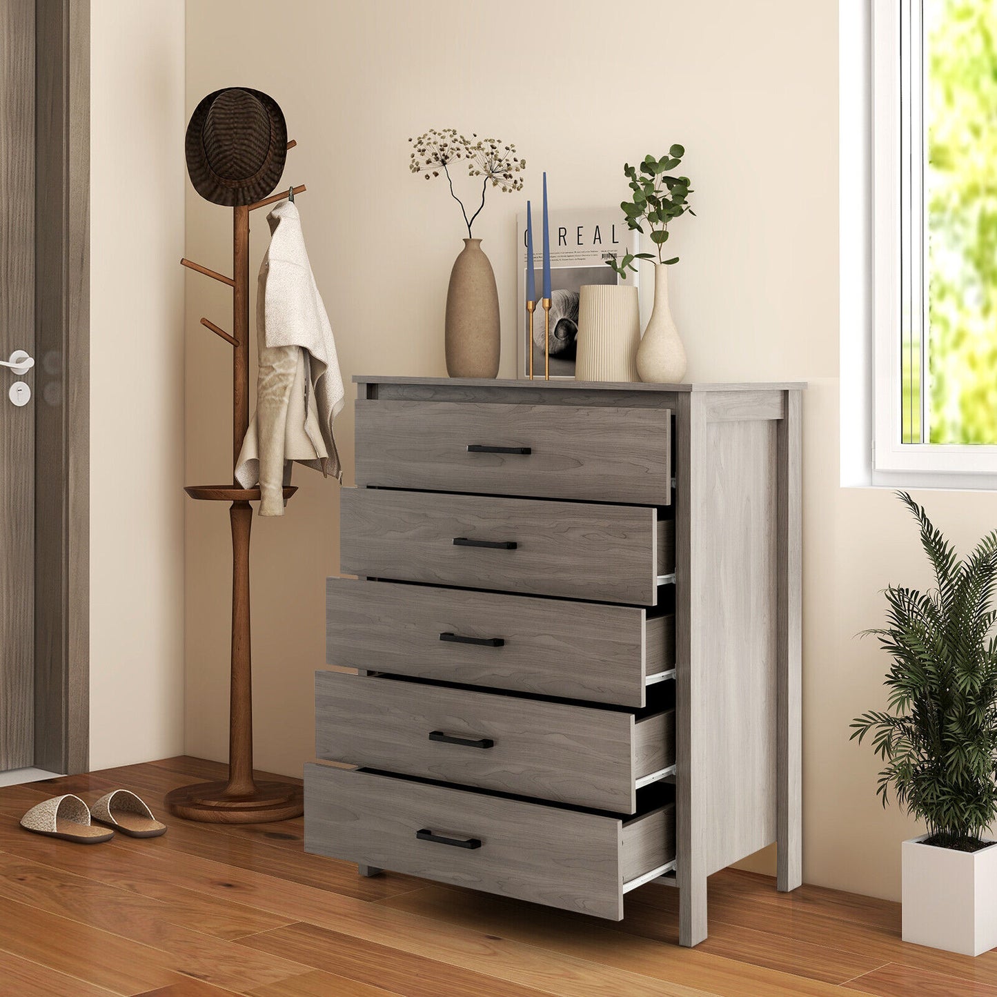 Modern 5-Drawer Multipurpose Chest Dresser with Metal Handles-Gray Kids Crystal