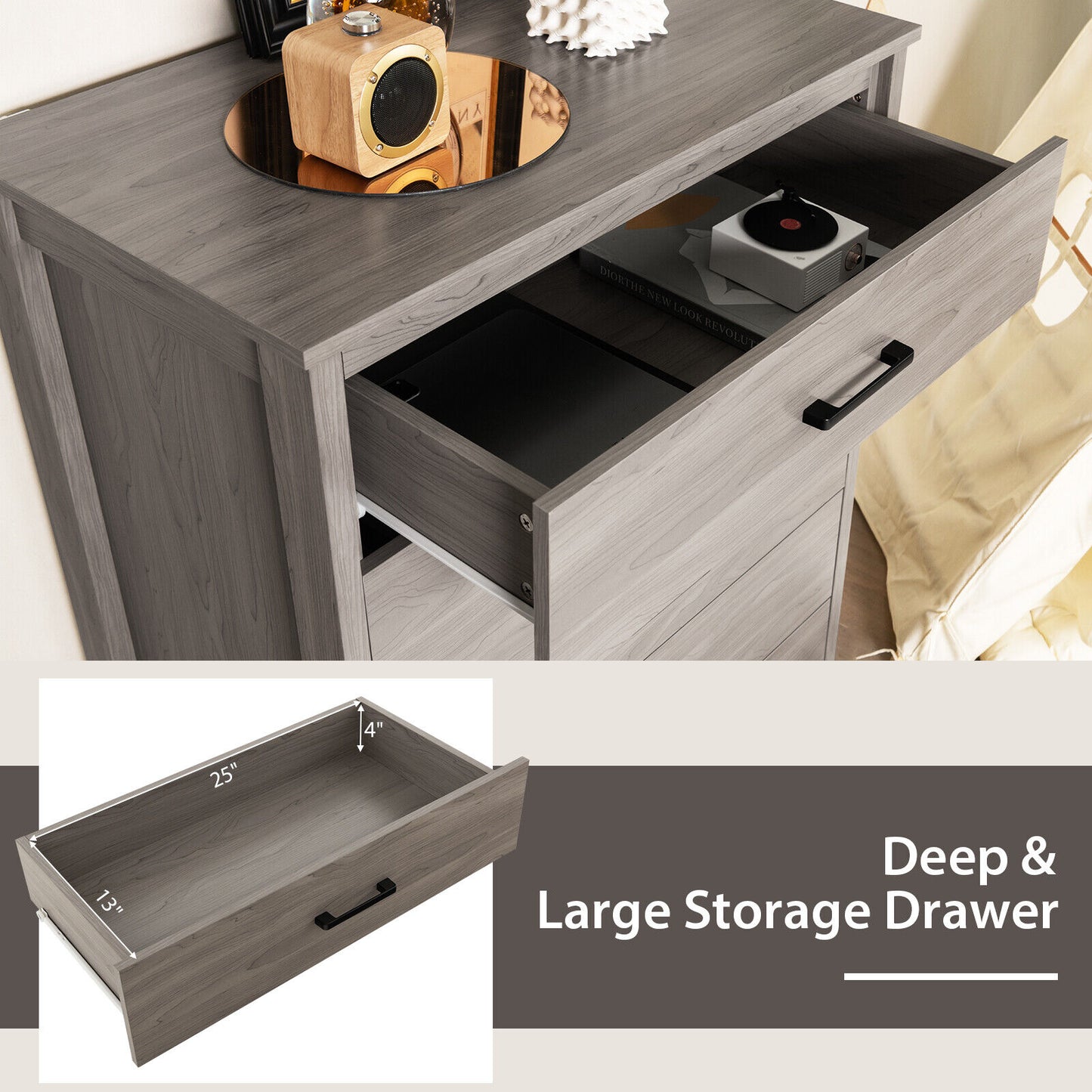 Modern 5-Drawer Multipurpose Chest Dresser with Metal Handles-Gray Kids Crystal