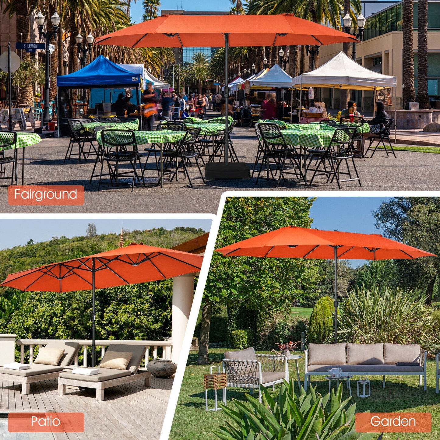 15 Feet Patio Double-Sided Umbrella with Hand-Crank System-Orange Kids Crystal