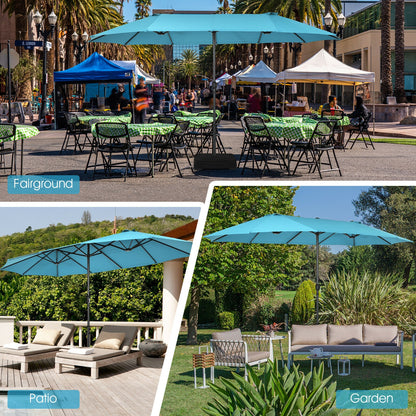 15 Feet Patio Double-Sided Umbrella with Hand-Crank System-Turquoise