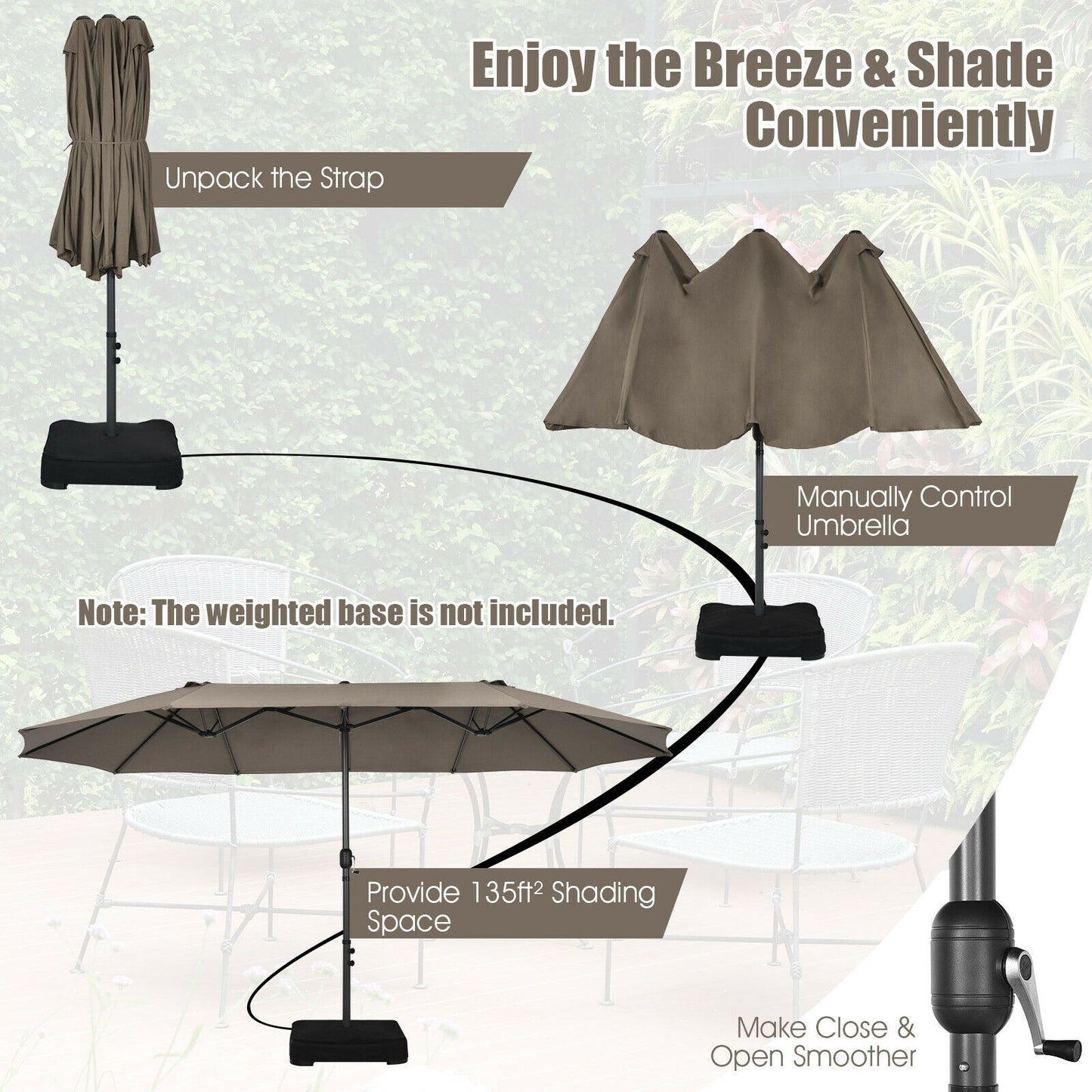 15 Feet Patio Double-Sided Umbrella with Hand-Crank System-Brown Kids Crystal