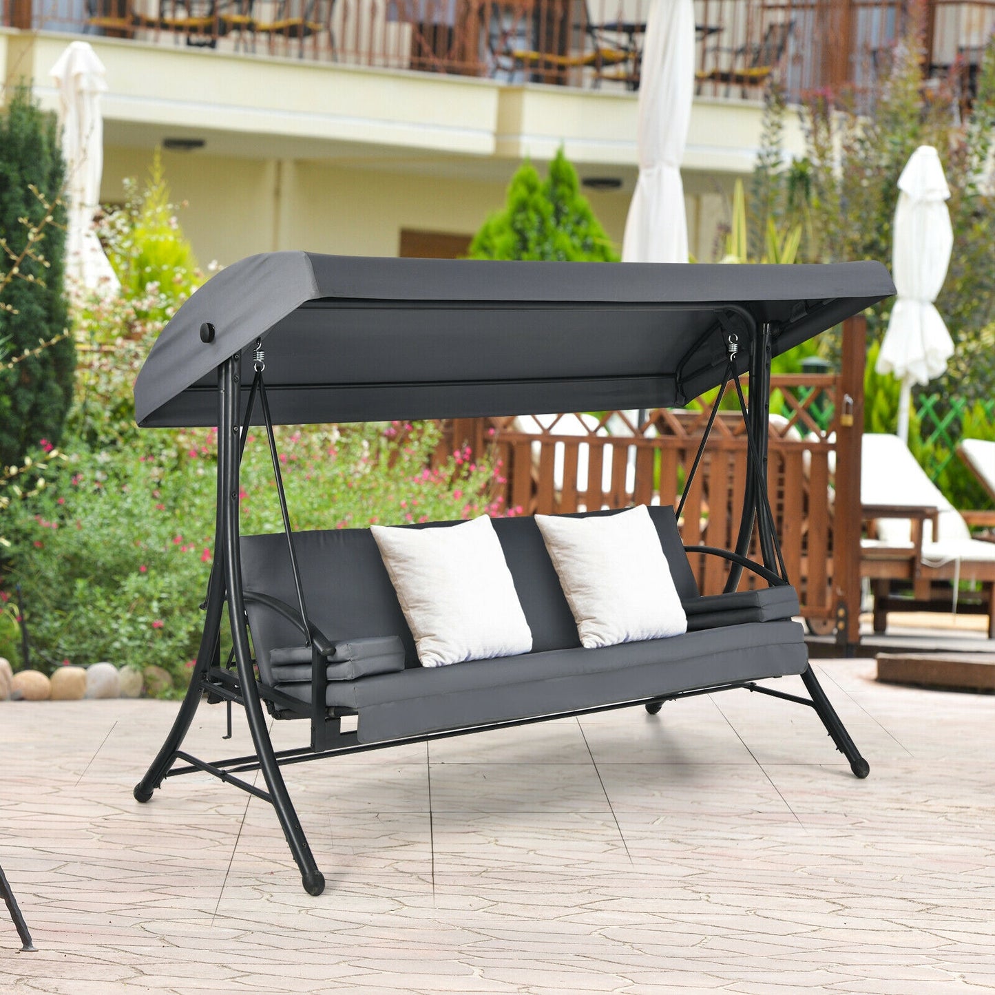 3-Seat Patio Outdoor Swing with Adjustable Tilt Canopy-Gray Kids Crystal