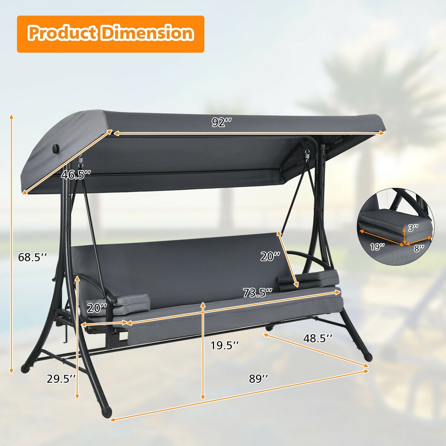 3-Seat Patio Outdoor Swing with Adjustable Tilt Canopy-Gray Kids Crystal