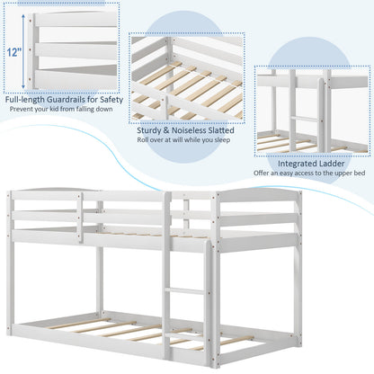 Twin Size Bunk Bed with High Guardrails and Integrated Ladder-White