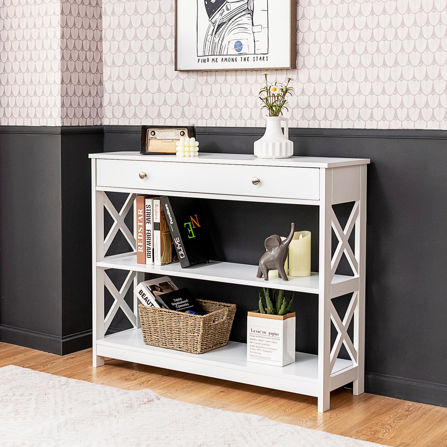 Console Table 3-Tier with Drawer and Storage Shelves-White Kids Crystal