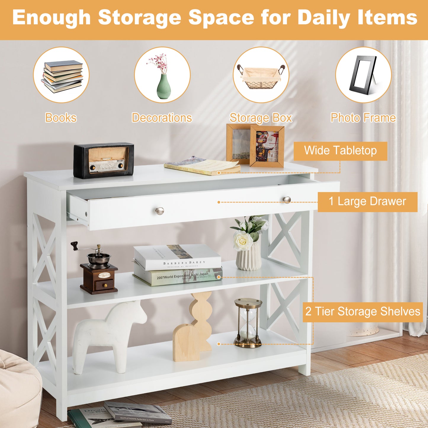 Console Table 3-Tier with Drawer and Storage Shelves-White Kids Crystal