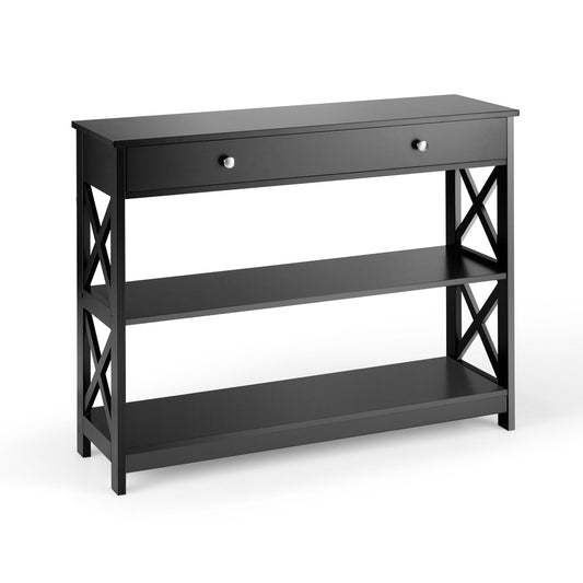 Console Table 3-Tier with Drawer and Storage Shelves-Black Kids Crystal