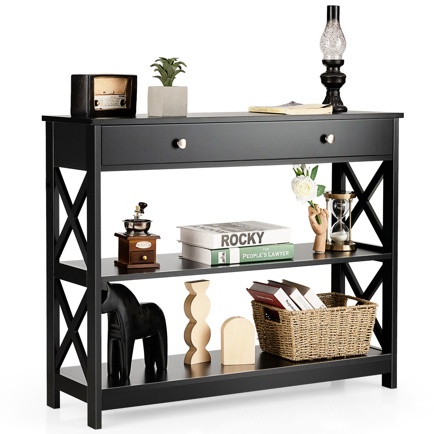 Console Table 3-Tier with Drawer and Storage Shelves-Black Kids Crystal