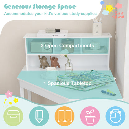 Kids Wooden Corner Desk and Chair Set with Hutch and Storage-White