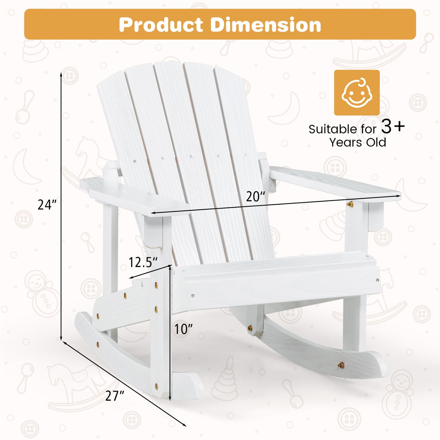 Outdoor Wooden Kid Adirondack Rocking Chair with Slatted Seat-White