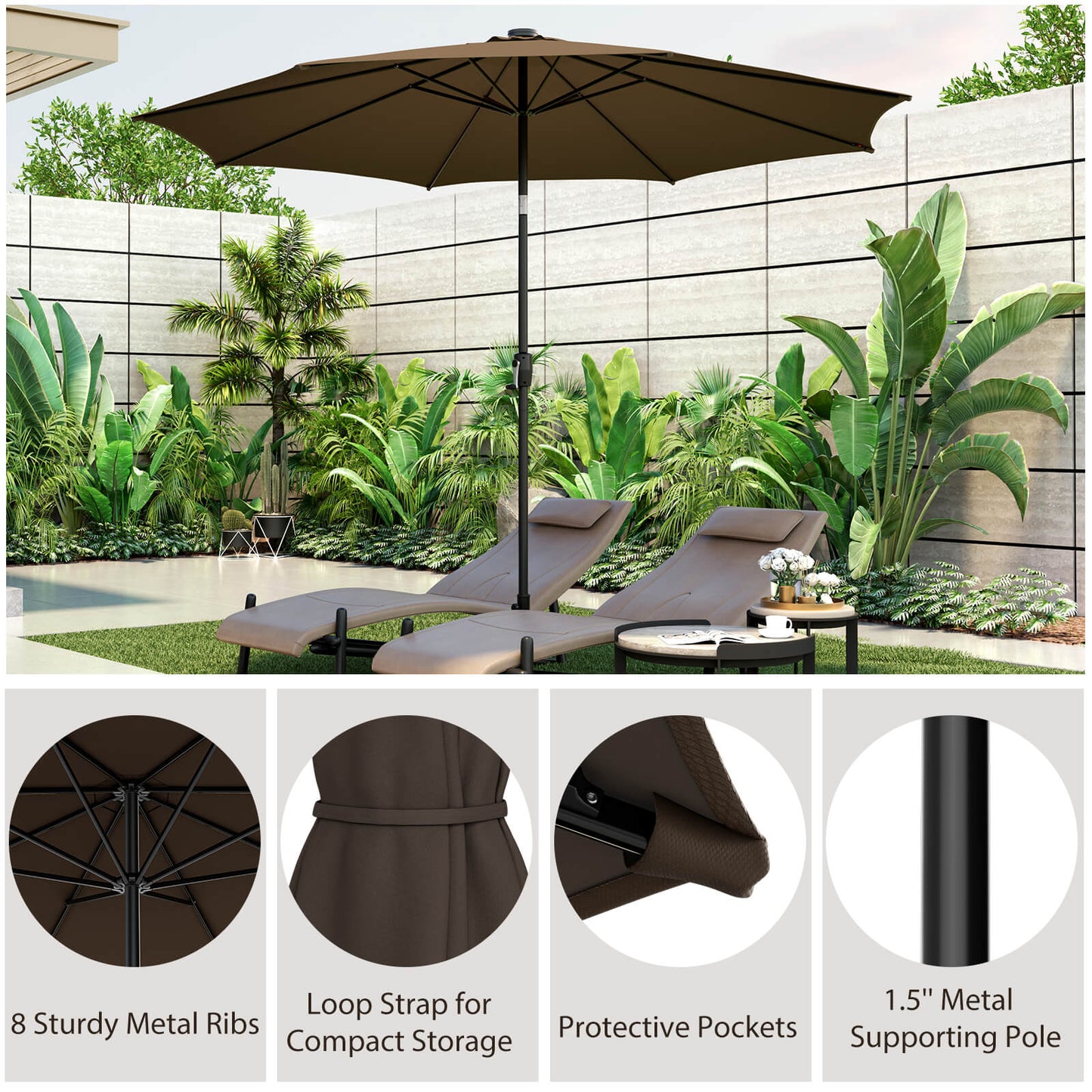 10 Feet Patio Umbrella with 112 Solar Lights and Crank Handle-Coffee Kids Crystal
