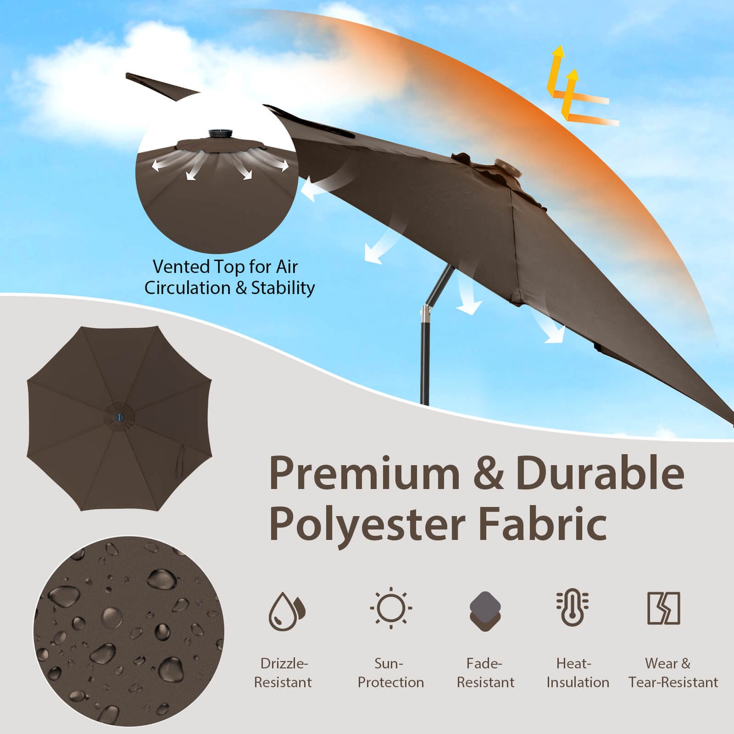 10 Feet Patio Umbrella with 112 Solar Lights and Crank Handle-Coffee Kids Crystal
