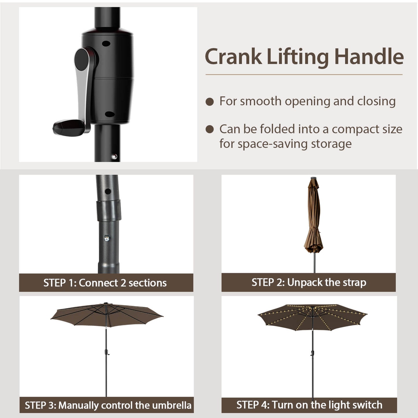 10 Feet Patio Umbrella with 112 Solar Lights and Crank Handle-Coffee Kids Crystal