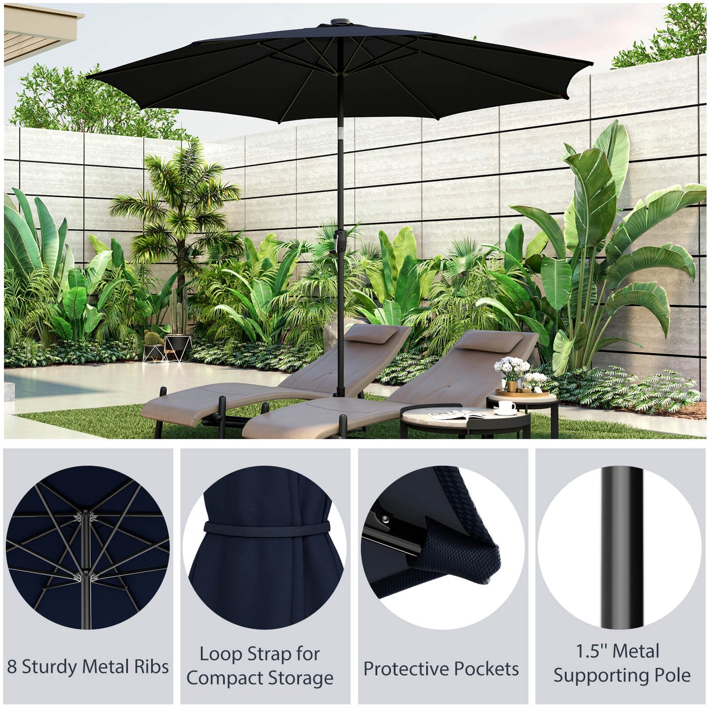 10 Feet Patio Umbrella with 112 Solar Lights and Crank Handle-Navy Kids Crystal