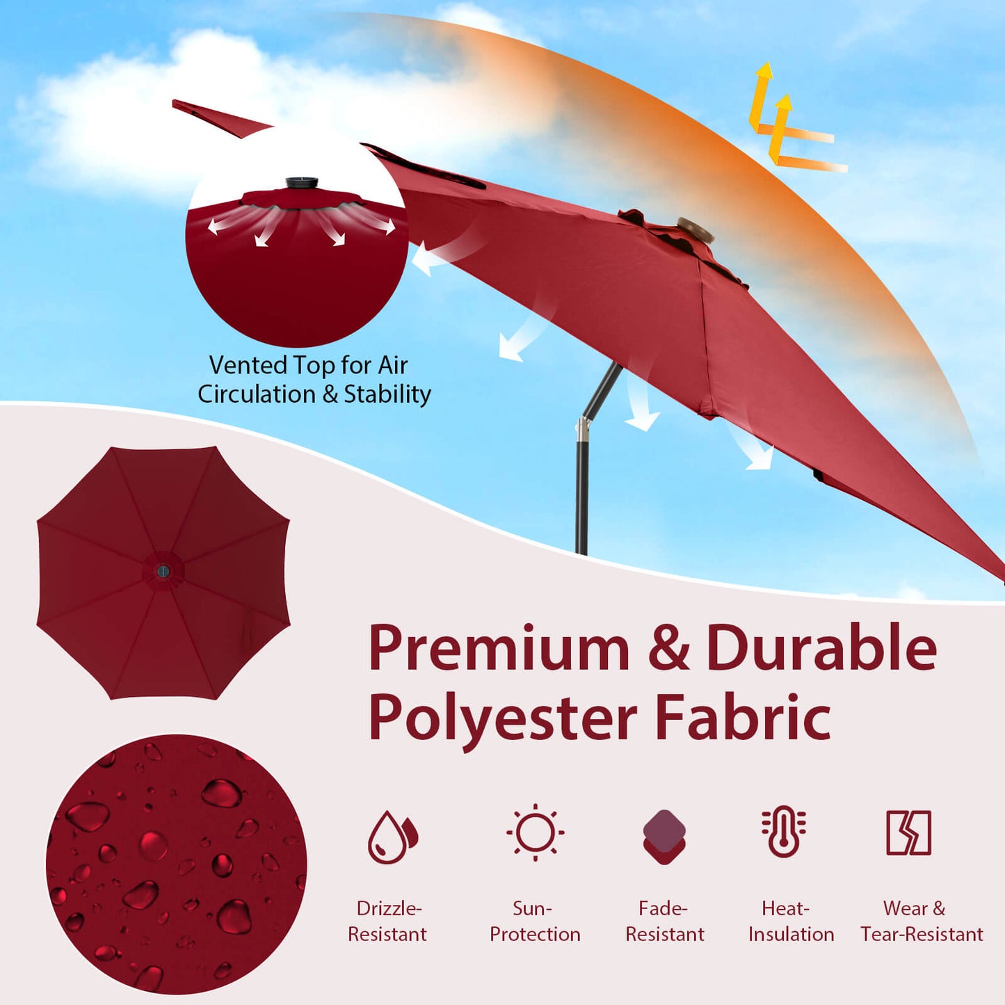 10 Feet Patio Umbrella with 112 Solar Lights and Crank Handle-Wine Kids Crystal