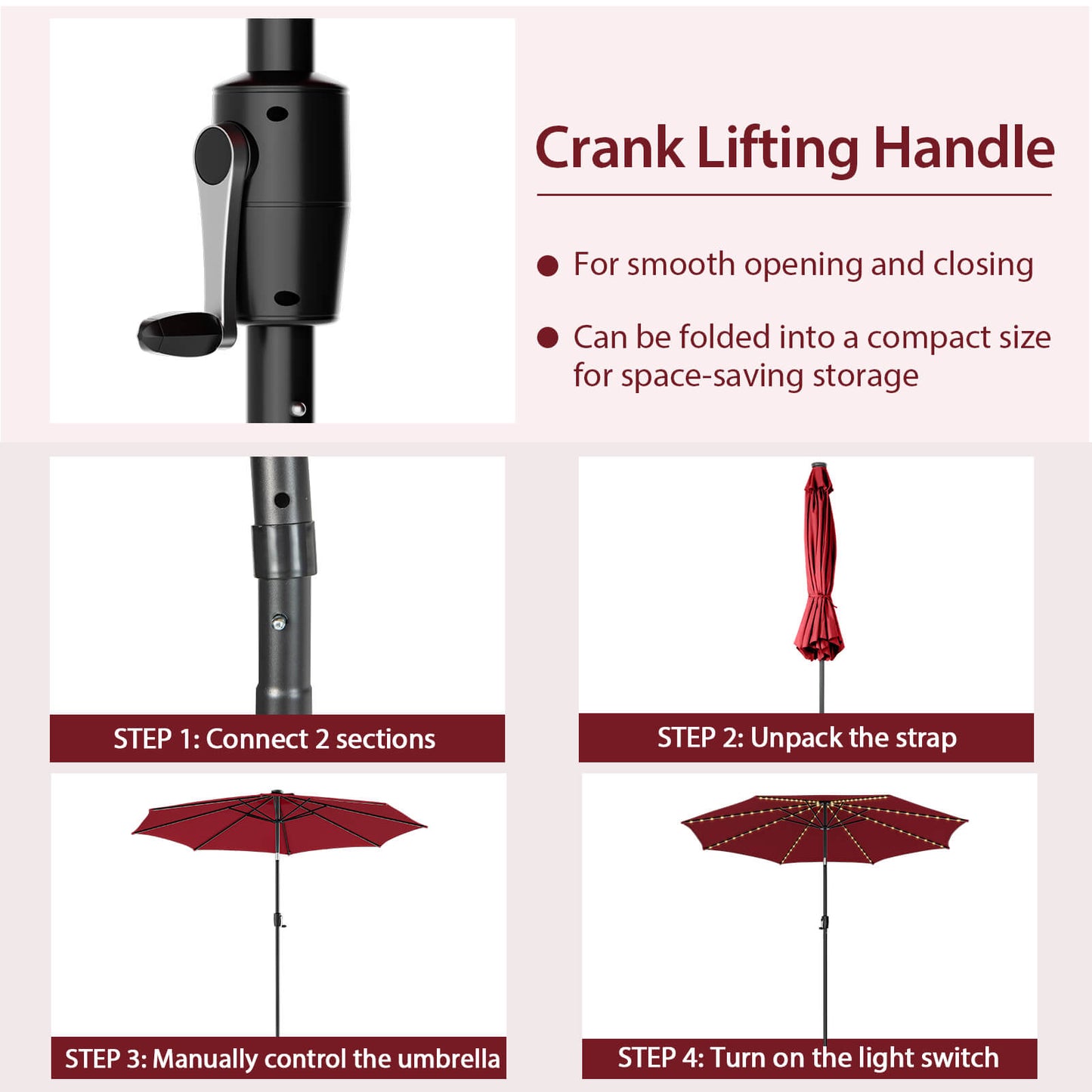 10 Feet Patio Umbrella with 112 Solar Lights and Crank Handle-Wine Kids Crystal
