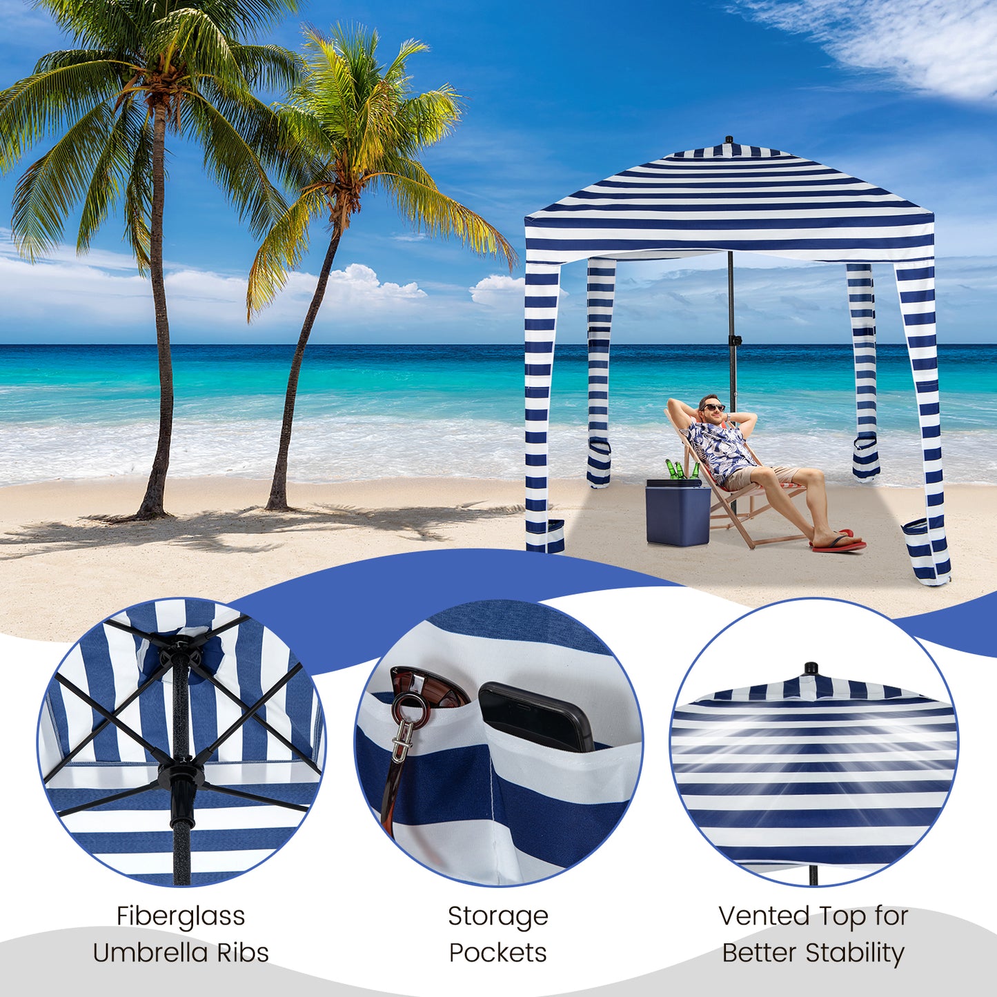 6 x 6 Feet Foldable Beach Cabana Tent with Carrying Bag and Detachable Sidewall Kids Crystal