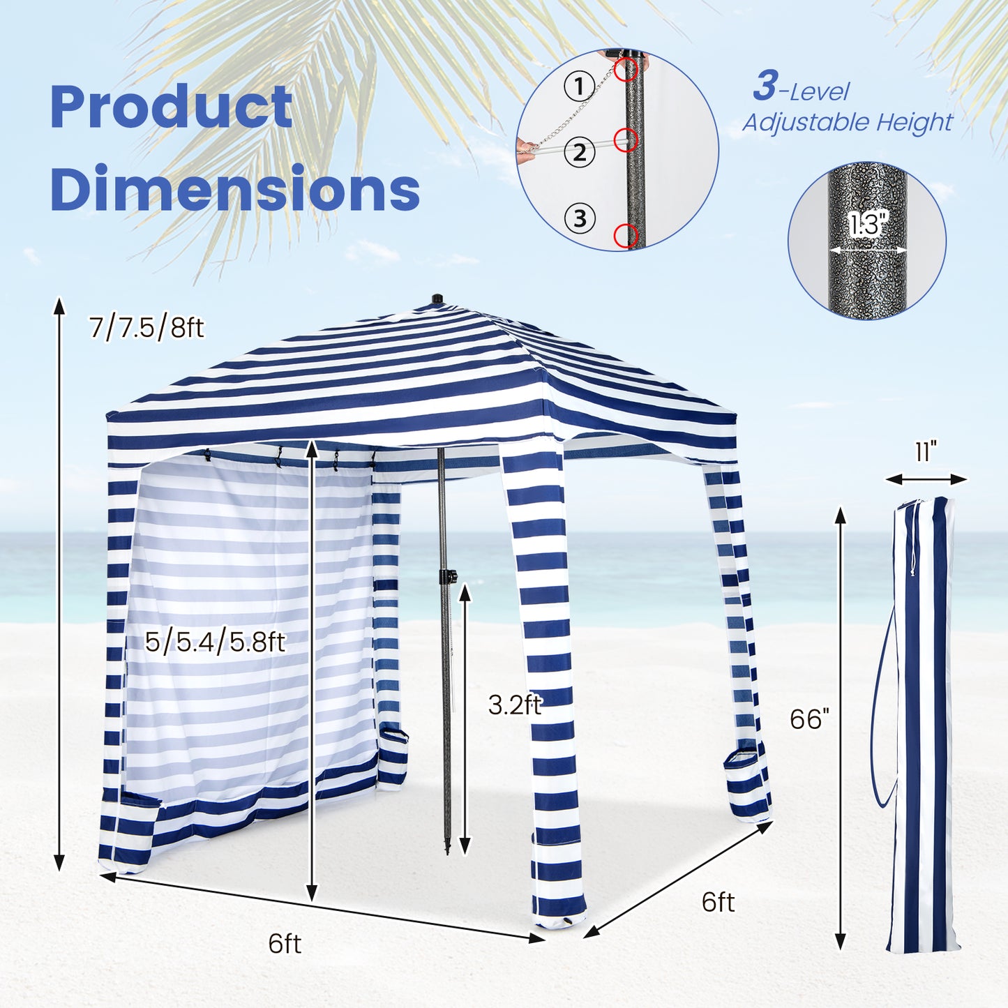 6 x 6 Feet Foldable Beach Cabana Tent with Carrying Bag and Detachable Sidewall Kids Crystal