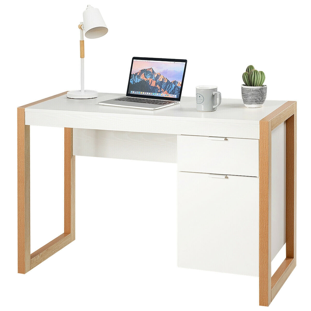 Modern Computer Desk Study Table Writing Workstation with Cabinet and Drawer-White Kids Crystal
