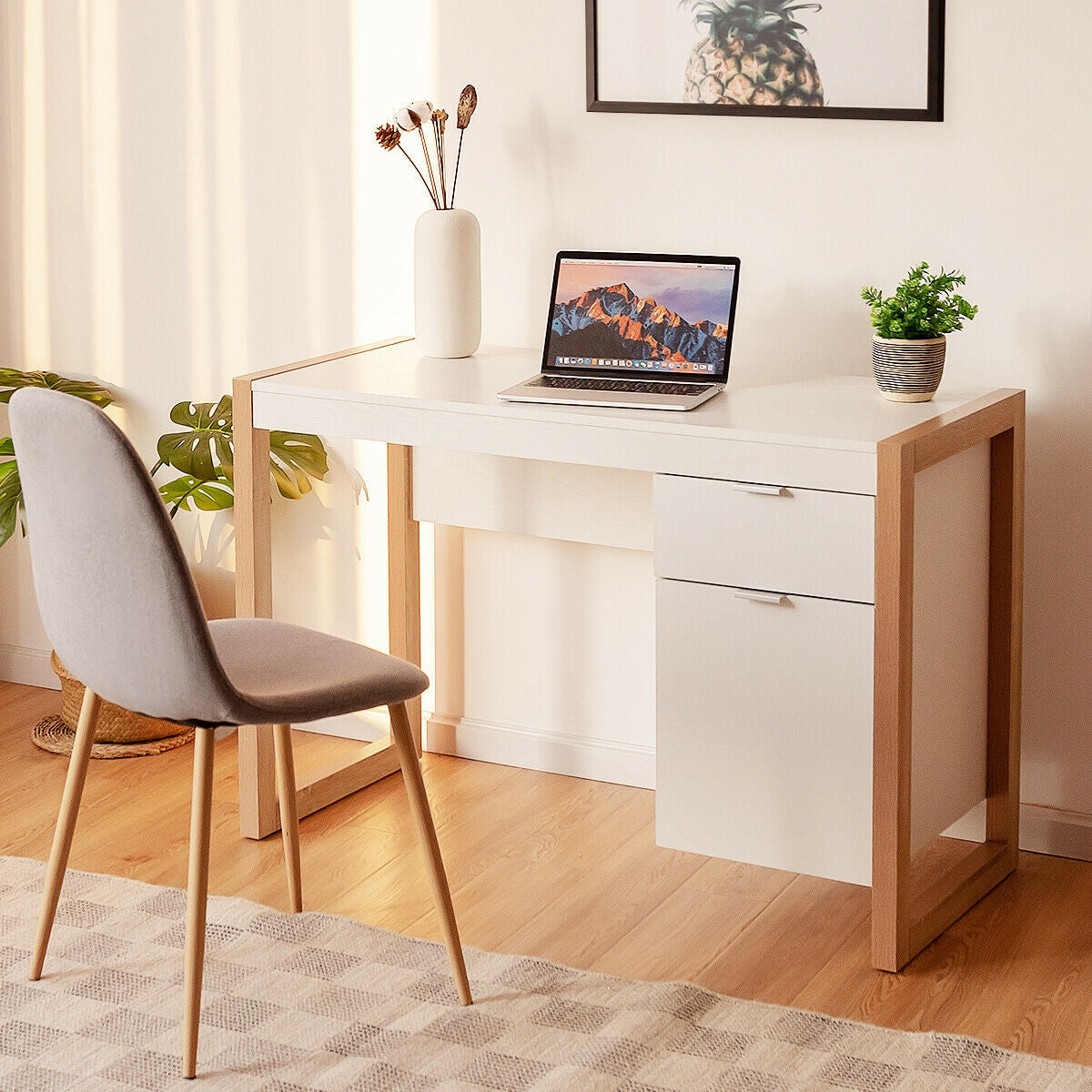 Modern Computer Desk Study Table Writing Workstation with Cabinet and Drawer-White Kids Crystal