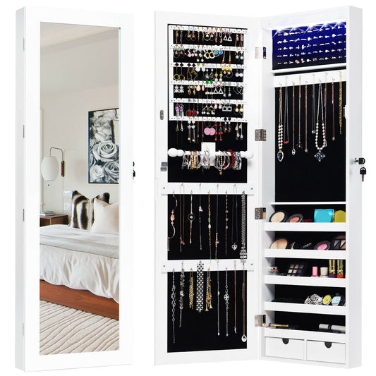 Door Mounted Lockable Mirrored Jewelry Cabinet with LED Lights Kids Crystal