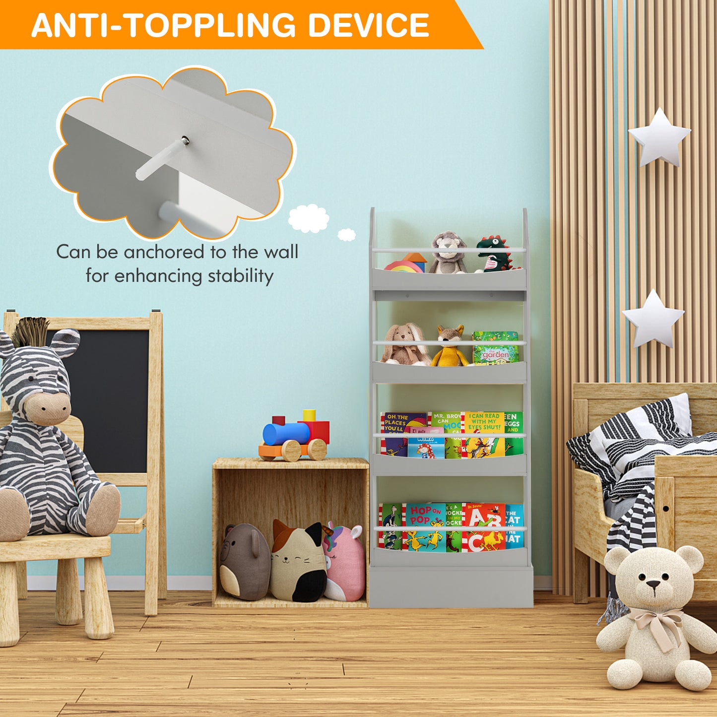 4-Tier Bookshelf with 2 Anti-Tipping Kits for Books and Magazines-Gray Kids Crystal