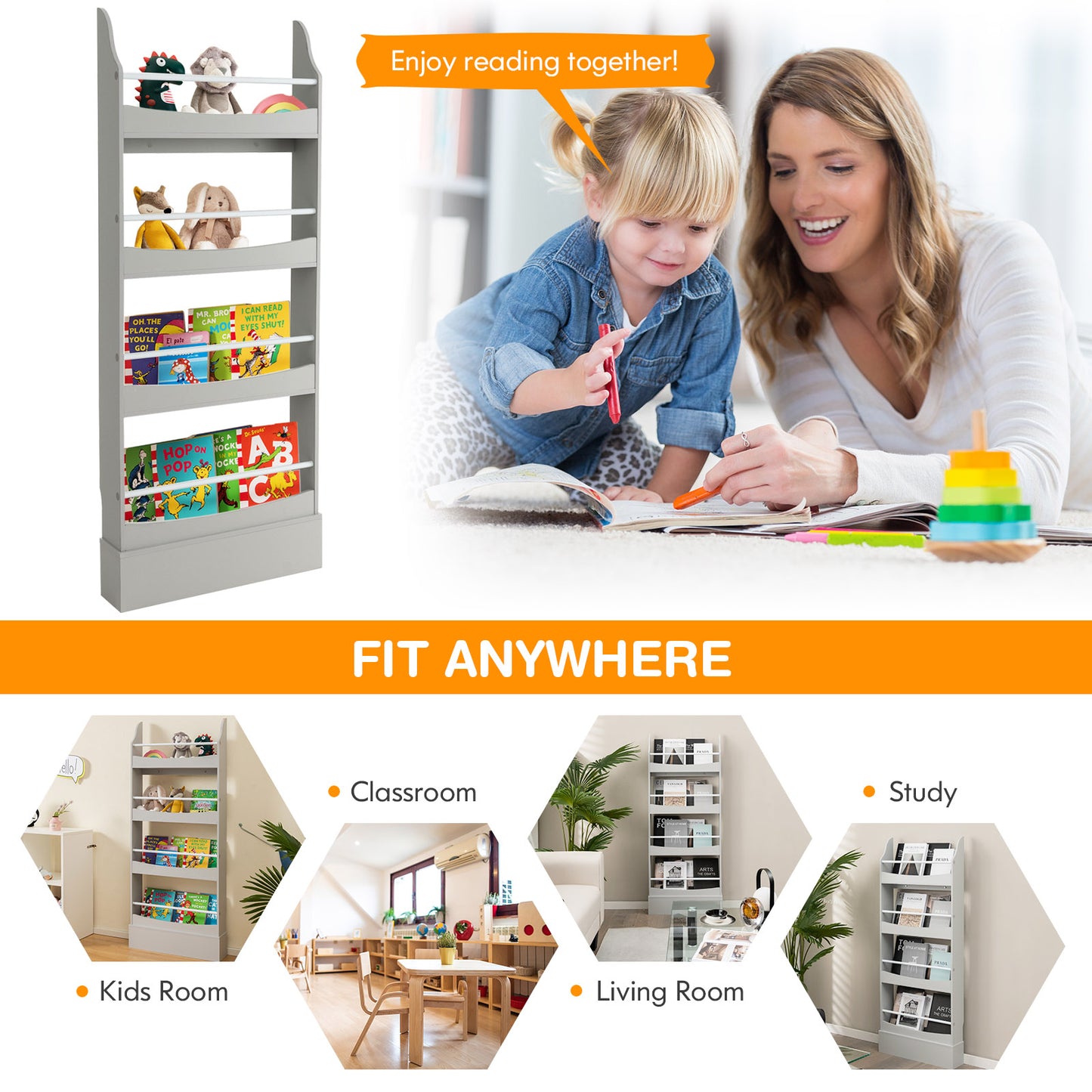 4-Tier Bookshelf with 2 Anti-Tipping Kits for Books and Magazines-Gray Kids Crystal