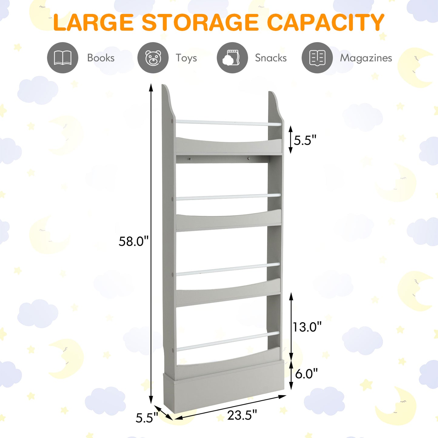 4-Tier Bookshelf with 2 Anti-Tipping Kits for Books and Magazines-Gray Kids Crystal