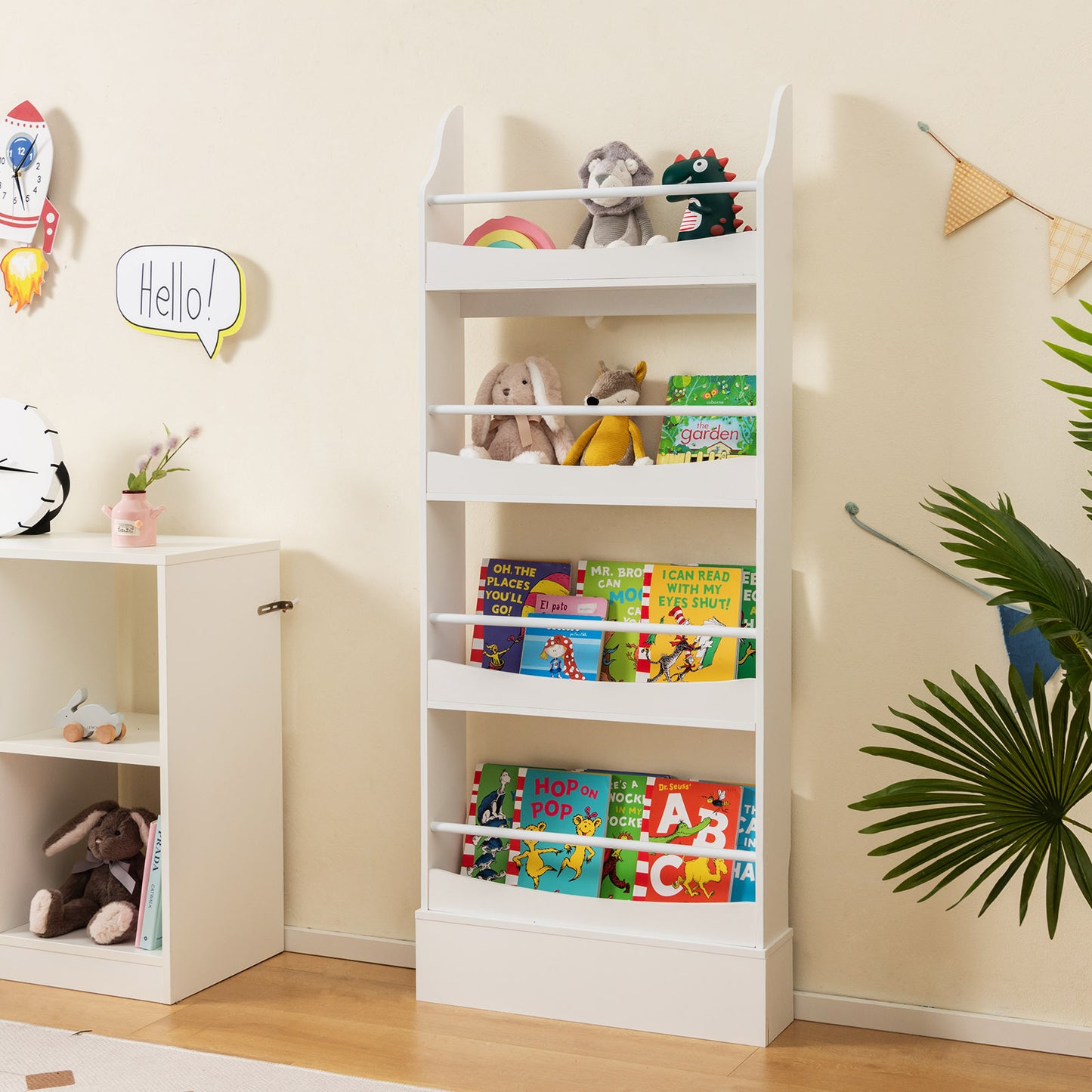 4-Tier Bookshelf with 2 Anti-Tipping Kits for Books and Magazines-White Kids Crystal