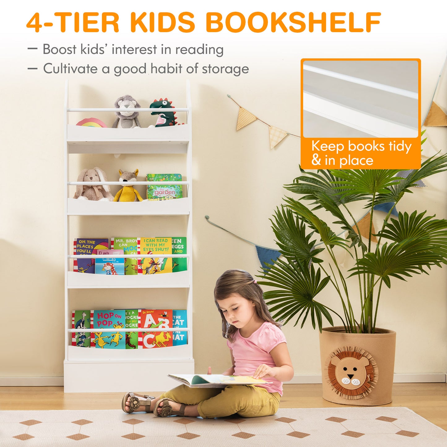 4-Tier Bookshelf with 2 Anti-Tipping Kits for Books and Magazines-White Kids Crystal