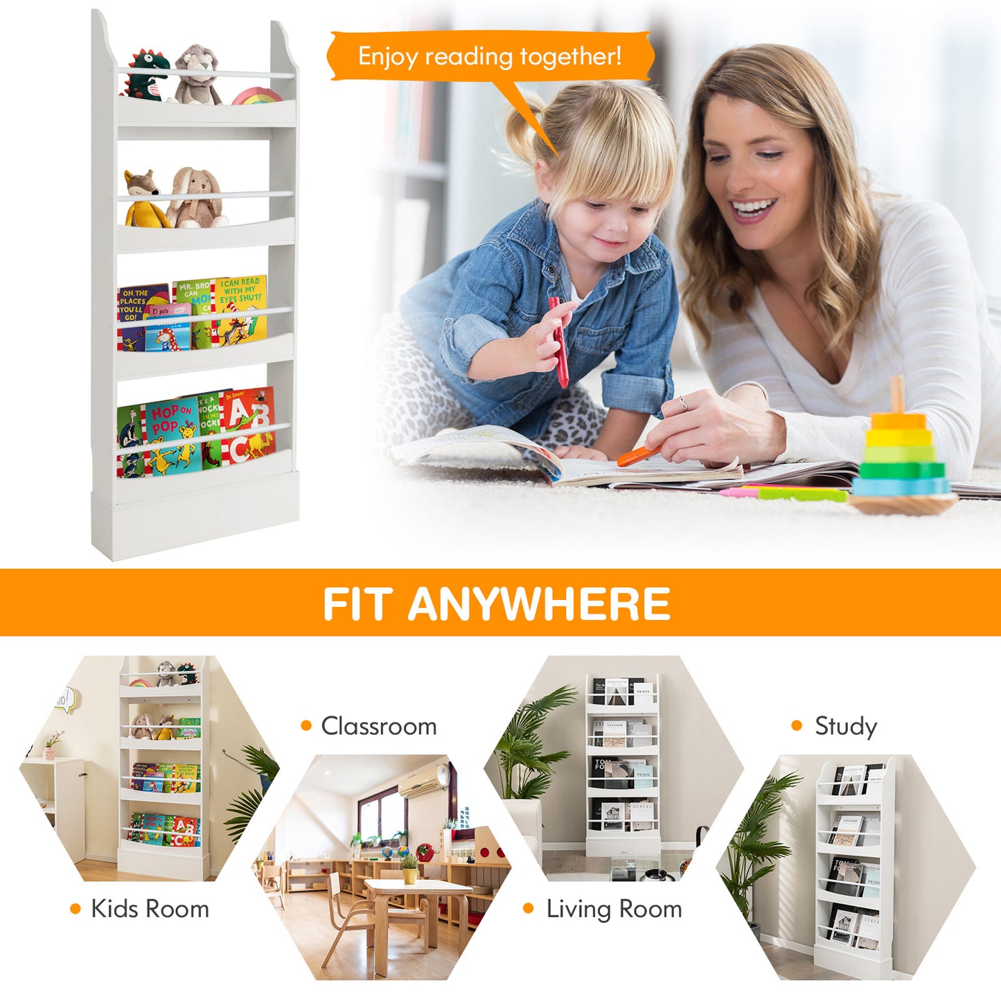 4-Tier Bookshelf with 2 Anti-Tipping Kits for Books and Magazines-White Kids Crystal
