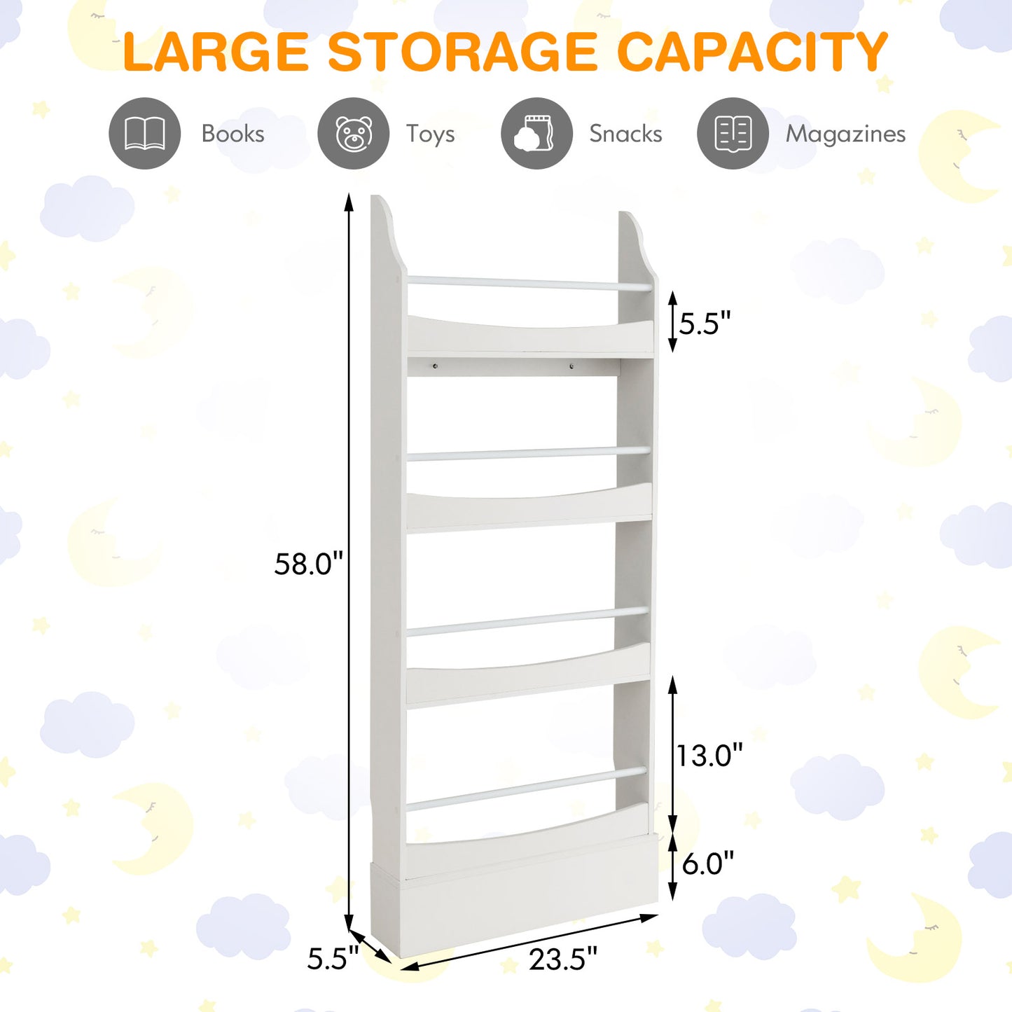 4-Tier Bookshelf with 2 Anti-Tipping Kits for Books and Magazines-White Kids Crystal