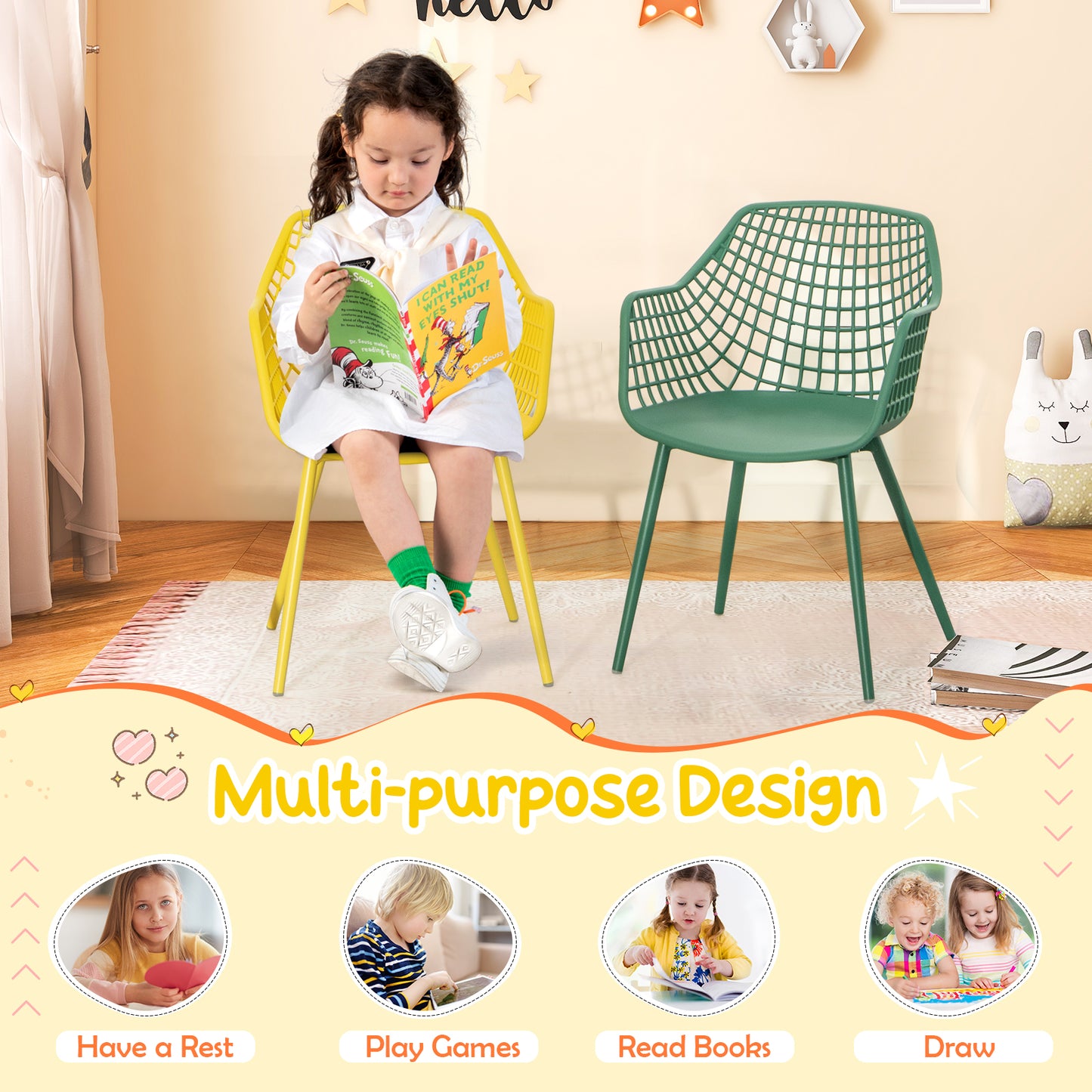 4 Pieces Kids Chairs with Curved Backrest and Ergonomic Armrests