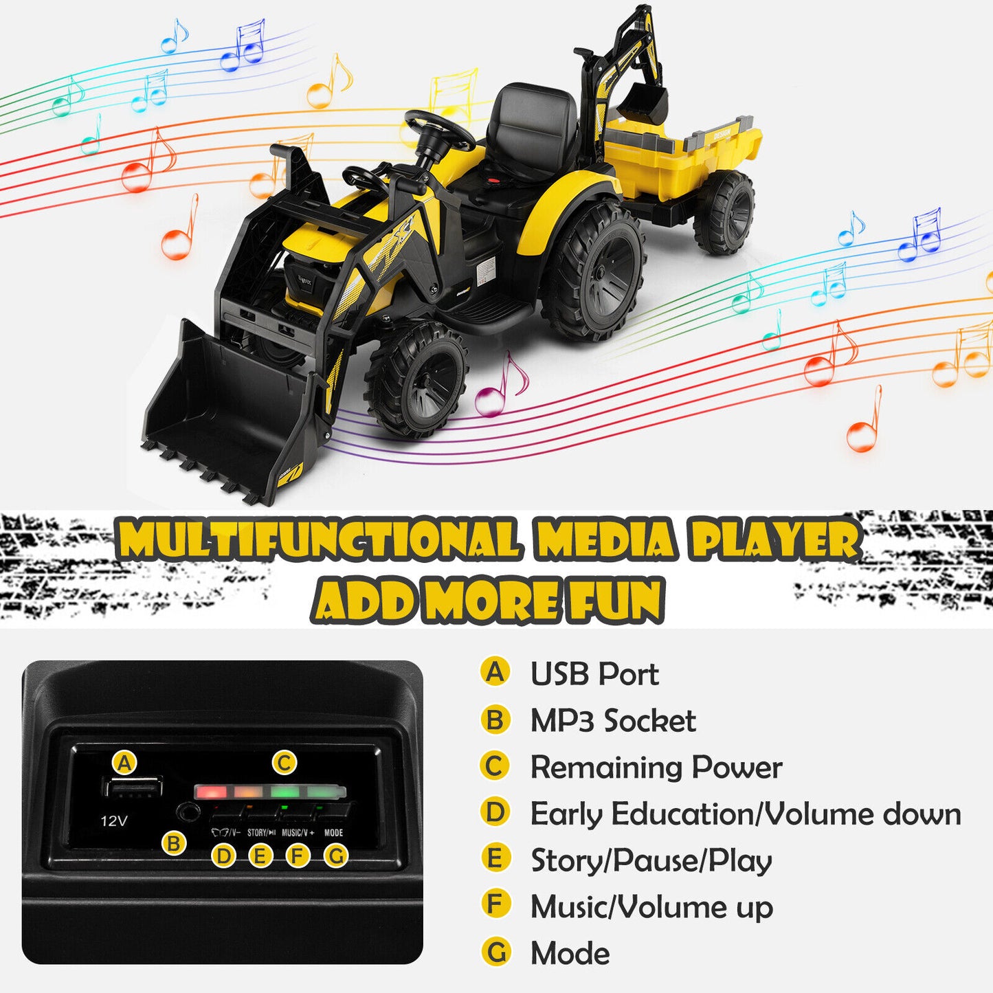 12V 3 in 1 Kids Ride On Excavator with Shovel Bucket and Music-Yellow Kids Crystal