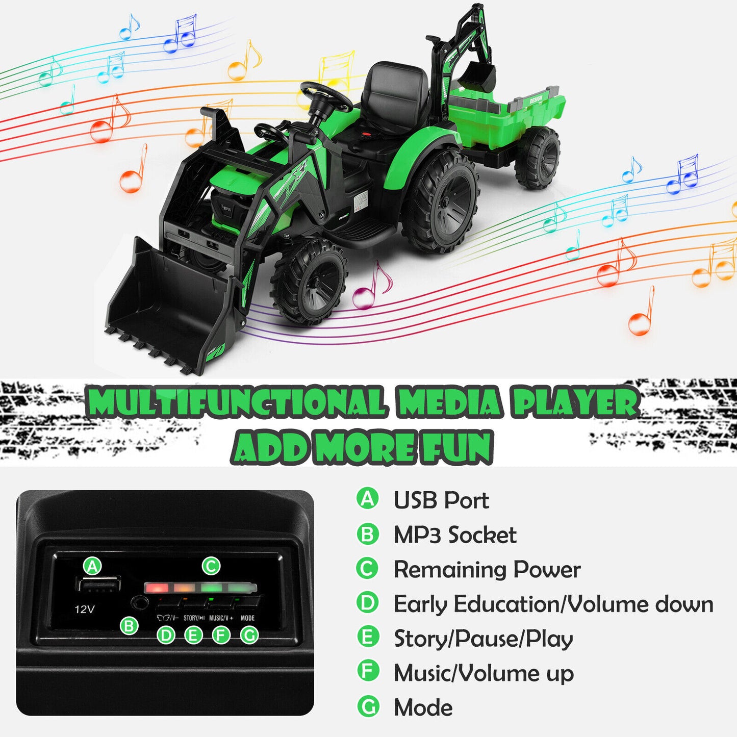 12V 3 in 1 Kids Ride On Excavator with Shovel Bucket and Music-Green Kids Crystal