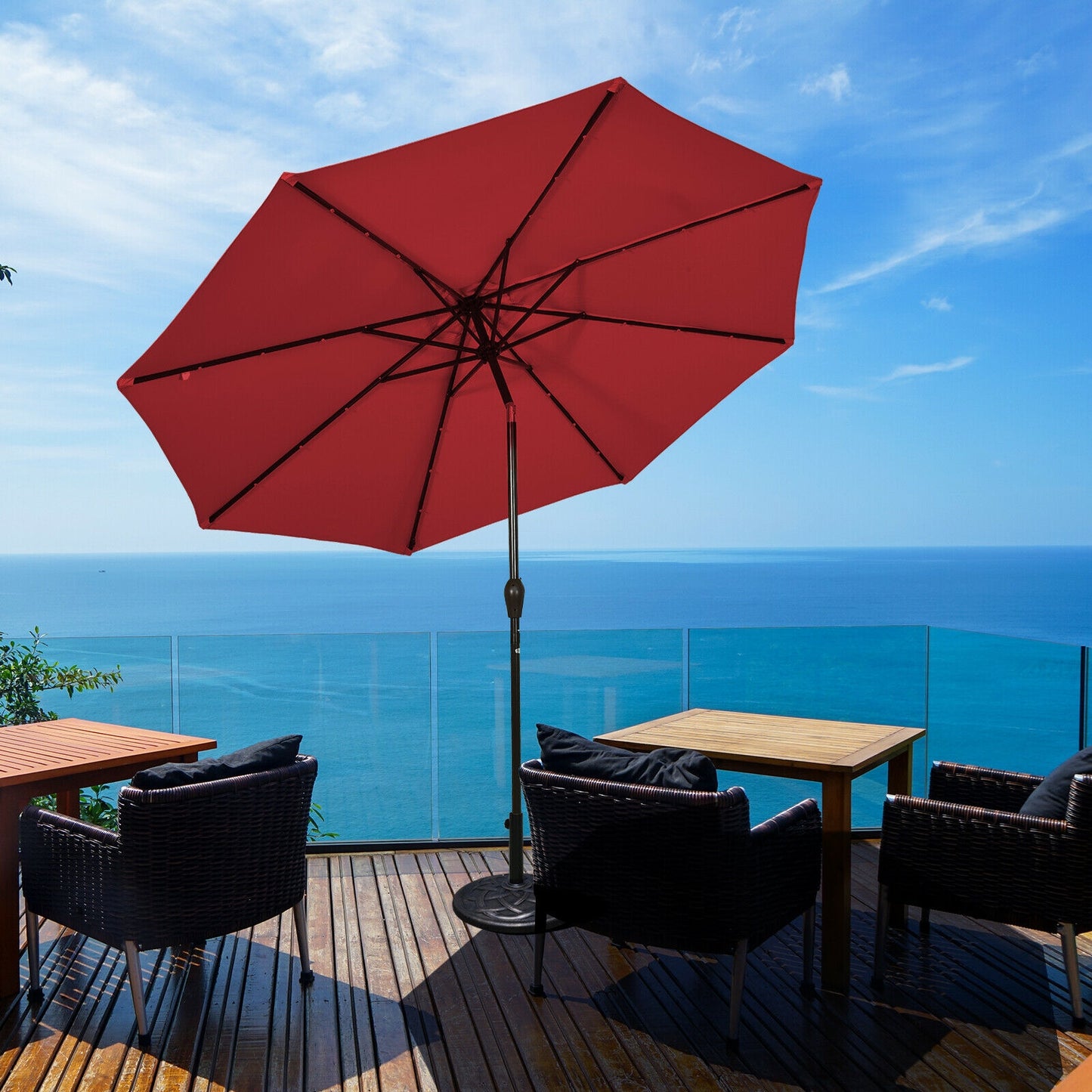 10' Solar LED Lighted Patio Market Umbrella Shade Tilt Adjustment Crank-Burgundy Kids Crystal
