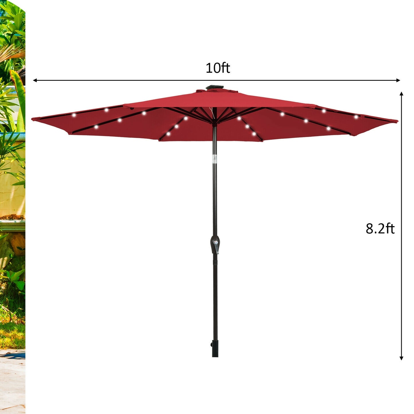 10' Solar LED Lighted Patio Market Umbrella Shade Tilt Adjustment Crank-Burgundy Kids Crystal