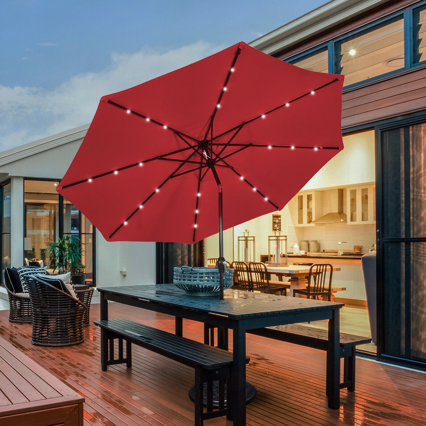 10' Solar LED Lighted Patio Market Umbrella Shade Tilt Adjustment Crank-Burgundy Kids Crystal