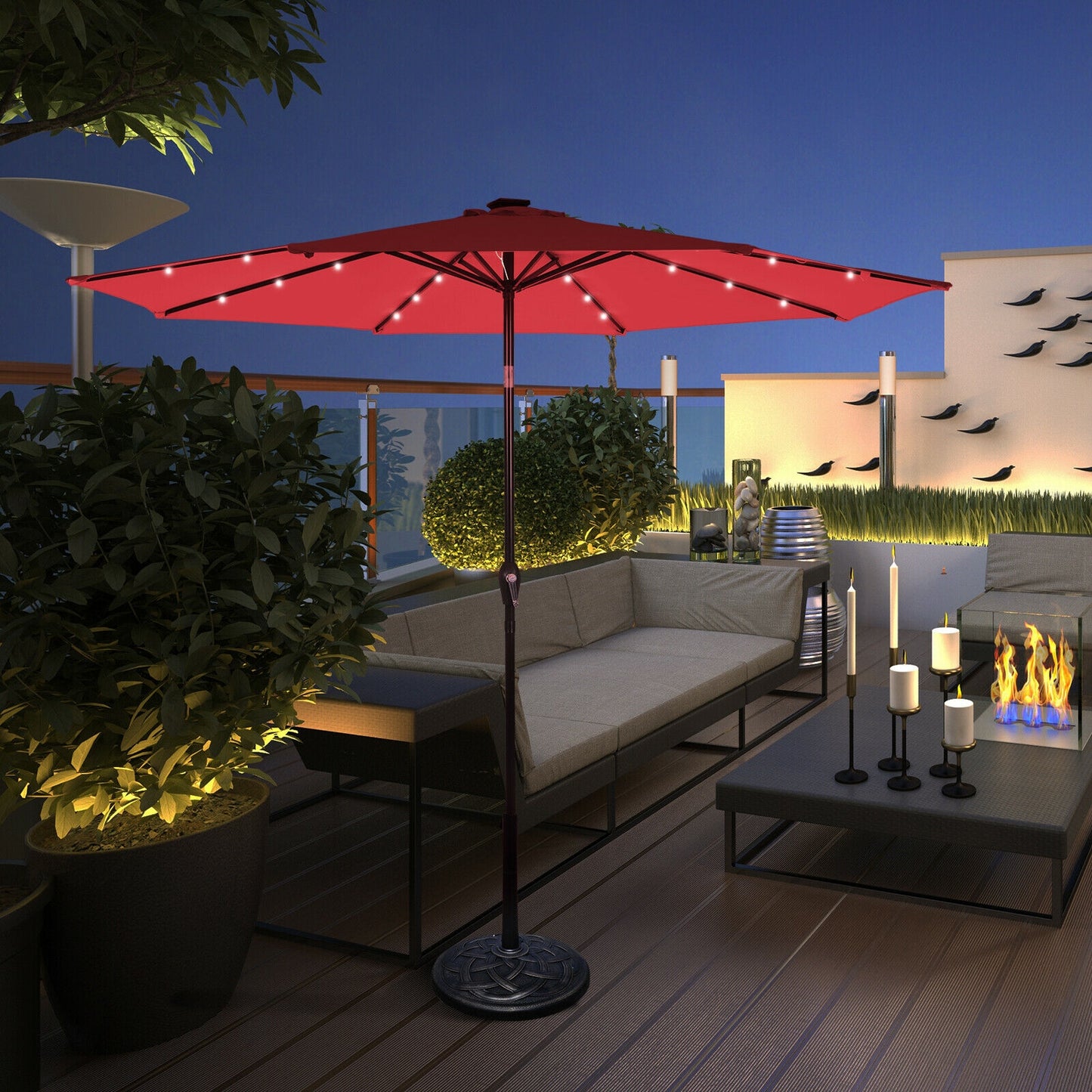 10' Solar LED Lighted Patio Market Umbrella Shade Tilt Adjustment Crank-Burgundy Kids Crystal
