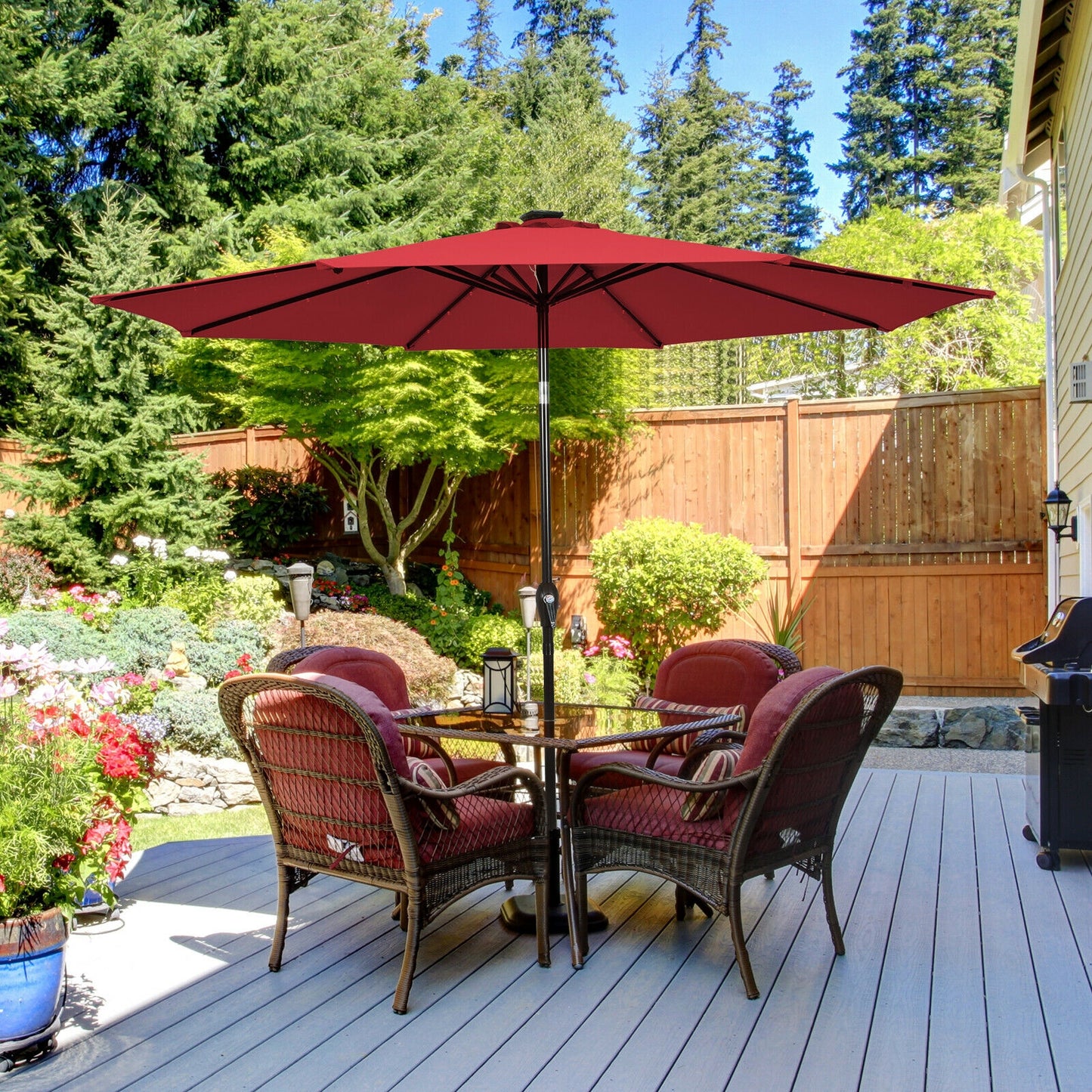 10' Solar LED Lighted Patio Market Umbrella Shade Tilt Adjustment Crank-Burgundy Kids Crystal