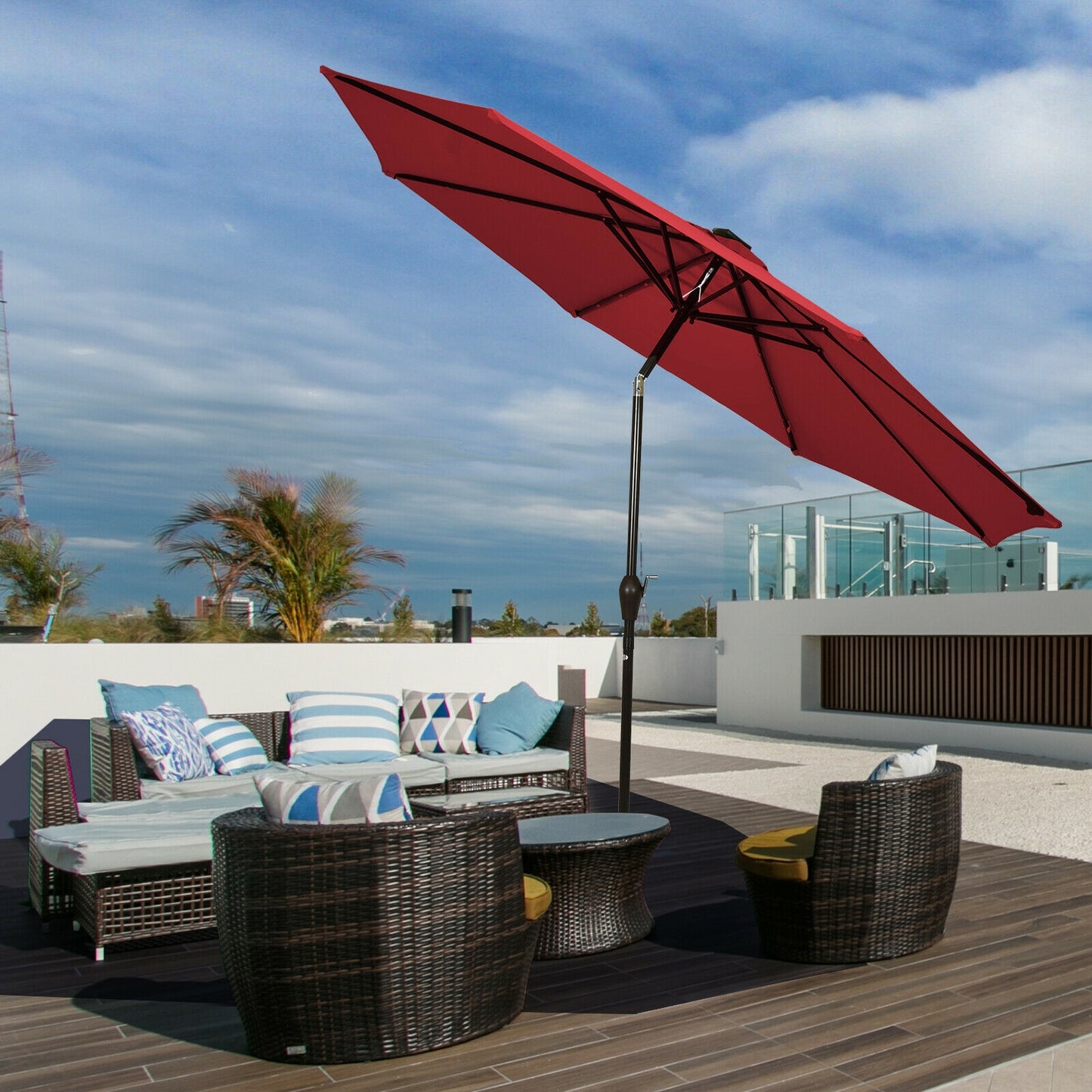 10' Solar LED Lighted Patio Market Umbrella Shade Tilt Adjustment Crank-Burgundy Kids Crystal