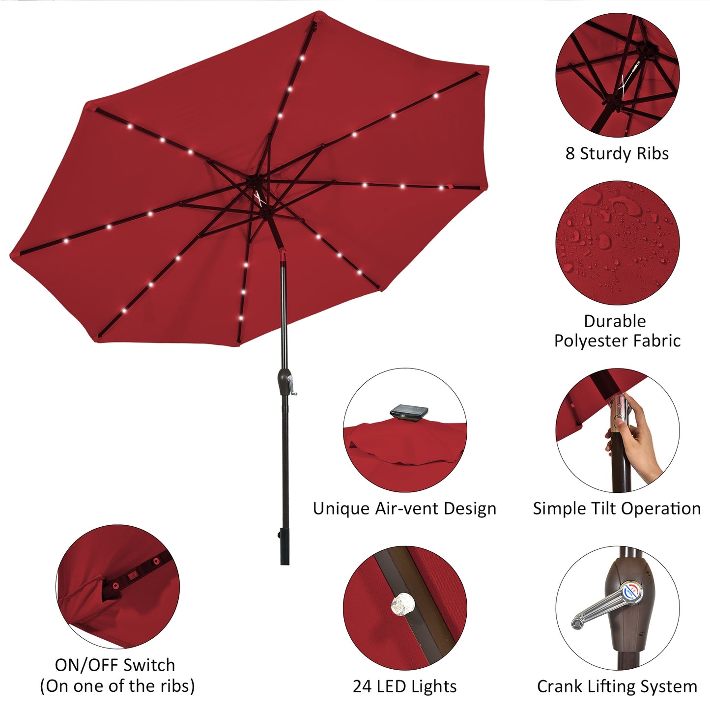 10' Solar LED Lighted Patio Market Umbrella Shade Tilt Adjustment Crank-Burgundy Kids Crystal