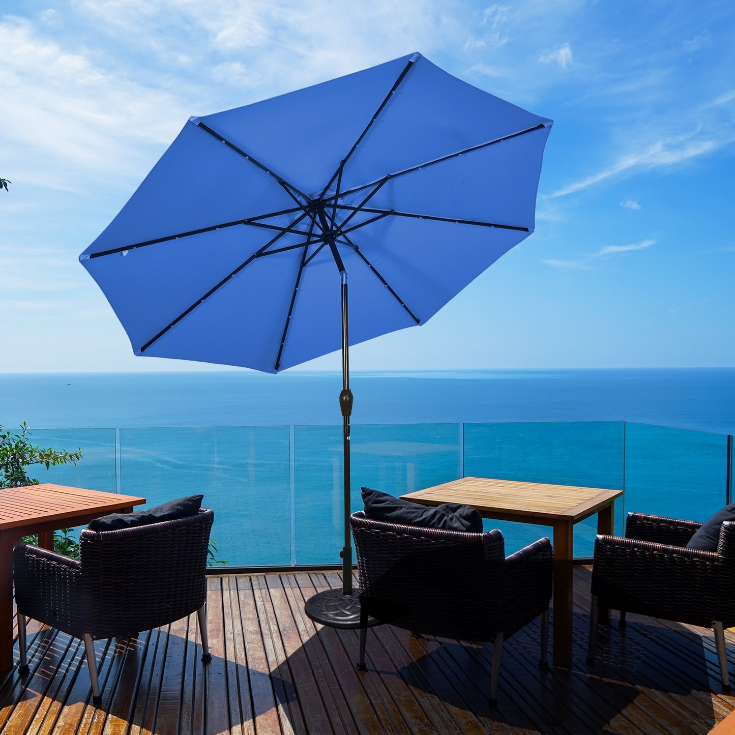 10' Solar LED Lighted Patio Market Umbrella Shade Tilt Adjustment Crank-Blue Kids Crystal
