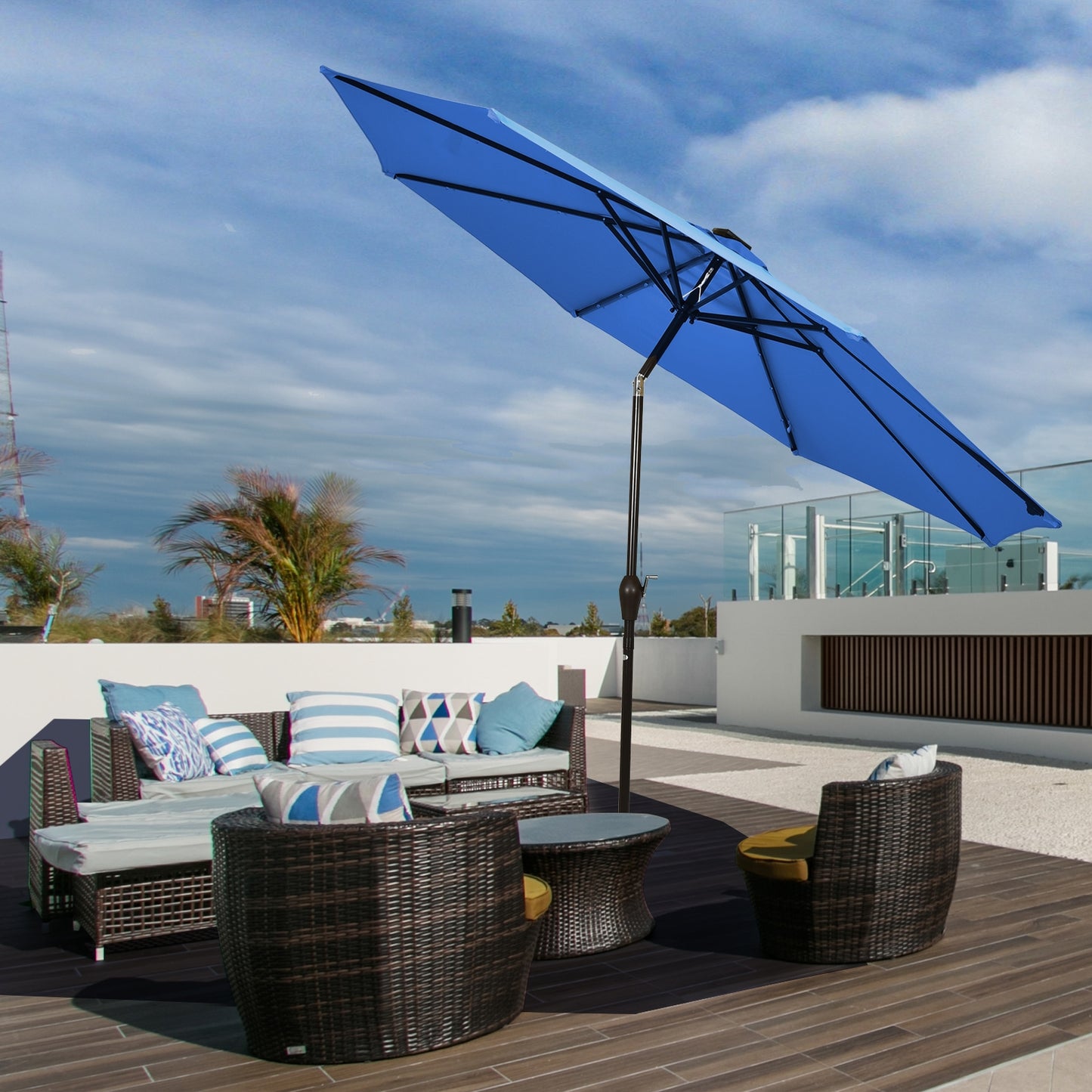 10' Solar LED Lighted Patio Market Umbrella Shade Tilt Adjustment Crank-Blue Kids Crystal